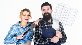 Happy to be in love. Man bearded hipster and girl. Preparation and culinary. Family weekend. Picnic barbecue. food stock photos Happy to be in love. Man bearded hipster and girl. Preparation and culinary. Family weekend. Picnic barbecue. food stock photos
