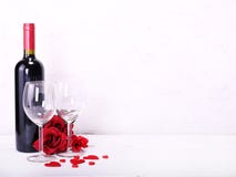 Happy Valentine`s Day With Red Wine, Red Roses, Wine Glasses And Hearts In Love Stock Images Happy Valentine`s Day With Red Wine, Red Roses, Wine Glasses And Hearts In Love Stock Images