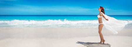 Happy Woman on the Beach of Ocean. Summer Vacation royalty free stock photography Happy Woman on the Beach of Ocean. Summer Vacation royalty free stock photography