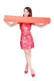 Happy woman holding blank red couplets stock photos Happy woman holding blank red couplets stock photos