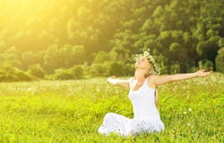 Happy Woman In Wreath Outdoors Summer Enjoying Life Royalty Free Stock Images Happy Woman In Wreath Outdoors Summer Enjoying Life Royalty Free Stock Images