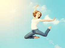 Happy Woman Jump In The Sky Royalty Free Stock Photos Happy Woman Jump In The Sky Royalty Free Stock Photos
