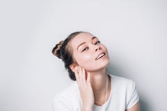 Happy woman listening to music on headphones. Relax, harmony stock photo Happy woman listening to music on headphones. Relax, harmony stock photo