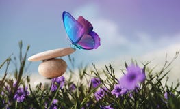 Harmony of Life Concept. Surrealist Butterfly on the Pebble Stone Stack in Garden. Metaphor of Balancing Nature and Technology.