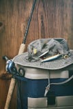 Hat with fishing equipment stock photo Hat with fishing equipment stock photo