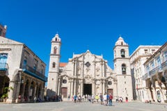 Panoramic of Plaza de la Cathedral in Old Havana with the baroque architecture of San Cristobal Cathedral. stock photo Panoramic of Plaza de la Cathedral in Old Havana with the baroque architecture of San Cristobal Cathedral. stock photo