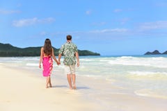Hawaii bröllopsresapar som går på den tropiska stranden Fotografering för Bildbyråer Hawaii bröllopsresapar som går på den tropiska stranden Fotografering för Bildbyråer