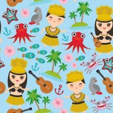 Hawaiian Hula Dancer Kawaii boy girl seamless pattern, set of Hawaii symbols with a guitar ukulele flowers parrot fish crab octopu Stock Photos Hawaiian Hula Dancer Kawaii boy girl seamless pattern, set of Hawaii symbols with a guitar ukulele flowers parrot fish crab octopu Stock Photos