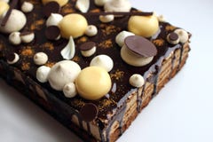 Hazelnoot en citrusvruchten het koffieblad koekt met oranje mousse en de donkere glans van de chocoladespiegel royalty-vrije stock foto Hazelnoot en citrusvruchten het koffieblad koekt met oranje mousse en de donkere glans van de chocoladespiegel royalty-vrije stock foto