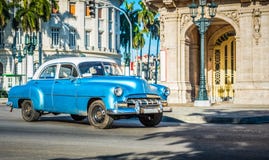 HDR - American blue classic car with white roof drived on the main street in Havana City Cuba - Serie Cuba Reportage Stock Photography HDR - American blue classic car with white roof drived on the main street in Havana City Cuba - Serie Cuba Reportage Stock Photography