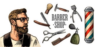 Head hipster and equipment for BarberShop stock illustration Head hipster and equipment for BarberShop stock illustration