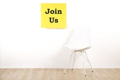 Head hunting help wanted poster concept. Minimalistic composition with chair and blank copy space wall. royalty free stock photo Head hunting help wanted poster concept. Minimalistic composition with chair and blank copy space wall. royalty free stock photo