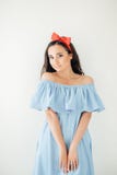 Happy young woman wearing looking at camera with joyful and charming smile. royalty free stock photography Happy young woman wearing looking at camera with joyful and charming smile. royalty free stock photography