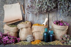 Healing herbs in hessian bags, paper sheet and bottles stock images Healing herbs in hessian bags, paper sheet and bottles stock images