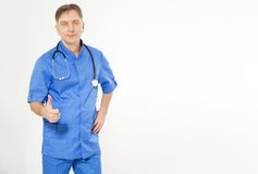 Healthcare, profession, people and medicine concept - smiling male doctor in blue coat isolated on white stock photography Healthcare, profession, people and medicine concept - smiling male doctor in blue coat isolated on white stock photography
