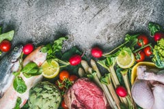 Healthy balanced eating and diet nutrition concept. Various organic foods ingredients: fish,meat,poultry,chicken,vegetables and gr Stock Photos Healthy balanced eating and diet nutrition concept. Various organic foods ingredients: fish,meat,poultry,chicken,vegetables and gr Stock Photos