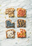 Healthy breakfast or snack with wholegrain toasts, top view royalty free stock photography Healthy breakfast or snack with wholegrain toasts, top view royalty free stock photography