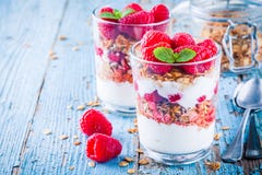 Healthy breakfast: yogurt parfait with granola and fresh raspberries