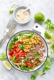 Healthy and delicious bowl with buckwheat and salad of chickpea, fresh pepper and lettuce leaves. Dietary balanced plant-based foo royalty free stock photos Healthy and delicious bowl with buckwheat and salad of chickpea, fresh pepper and lettuce leaves. Dietary balanced plant-based foo royalty free stock photos
