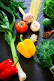 Healthy, diet or vegetarian food concept. Fresh vegetables on a black background. Top view. Flat lay. Royalty Free Stock Image Healthy, diet or vegetarian food concept. Fresh vegetables on a black background. Top view. Flat lay. Royalty Free Stock Image