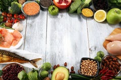 Healthy Food Clean Eating Selection. Fruit, Vegetable, Seeds, Superfood, Cereals, Leaf Vegetable On Rustic Background Stock Photo