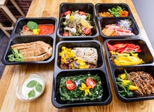 Healthy food and diet concept, restaurant dish delivery. Take away of fitness meal. stock photo Healthy food and diet concept, restaurant dish delivery. Take away of fitness meal. stock photo