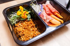 Healthy food and diet concept, restaurant dish delivery. Take away of fitness meal. royalty free stock image Healthy food and diet concept, restaurant dish delivery. Take away of fitness meal. royalty free stock image