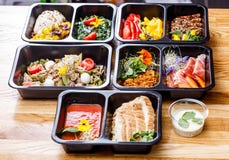 Healthy food and diet concept, restaurant dish delivery. Take away of fitness meal. royalty free stock photography Healthy food and diet concept, restaurant dish delivery. Take away of fitness meal. royalty free stock photography