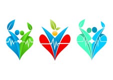 Healthy heart logo, lifestyle wellness, family healthcare, romantic leaf, love human clinic and people healthful concept design. Isolated in whitte background stock illustration Healthy heart logo, lifestyle wellness, family healthcare, romantic leaf, love human clinic and people healthful concept design. Isolated in whitte background stock illustration