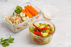 Healthy Meal Prep Containers With Brown Rice, Tofu And Vegetable Royalty Free Stock Photo