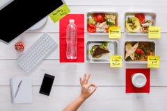 Healthy daily meals in office, top view at wood royalty free stock photo Healthy daily meals in office, top view at wood royalty free stock photo