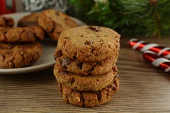 Healthy, Sugar-Free, Low-Carb Keto Diet Chocolate Chip Cookies With Christmas Decorations Stock Photography