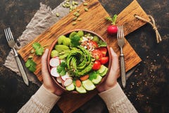 Healthy Vegan Diet Salad With Fresh Vegetables-avocado, Radish, Tomato, Cucumber, Celery, Nuts And Seeds.Girl In Wool Sweater Royalty Free Stock Image Healthy Vegan Diet Salad With Fresh Vegetables-avocado, Radish, Tomato, Cucumber, Celery, Nuts And Seeds.Girl In Wool Sweater Royalty Free Stock Image