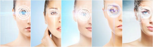Women with a digital laser hologram on eyes collage. Ophthalmology, eye surgery and identity scanning technology concept