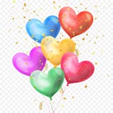 Heart balloons bunch and golden glitter stars confetti isolated on transparent background for Birthday party, Valentines Day or we