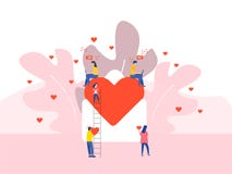 Heart in large envelope and Tiny People Valentines Day Character Concept. Vector Illustration stock illustration Heart in large envelope and Tiny People Valentines Day Character Concept. Vector Illustration stock illustration