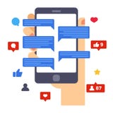 Heart, likes and comments. Social media activities on smartphone screen. Hand hold smartphone. Creative flat design stock illustration Heart, likes and comments. Social media activities on smartphone screen. Hand hold smartphone. Creative flat design stock illustration