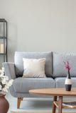 Heather im Vase auf dem Holztisch nahe bei bequemer grauer Couch im einfarbigen Wohnzimmer, wirkliches Foto mit Kopienraum lizenzfreie stockfotos Heather im Vase auf dem Holztisch nahe bei bequemer grauer Couch im einfarbigen Wohnzimmer, wirkliches Foto mit Kopienraum lizenzfreie stockfotos