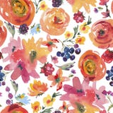 Heldere Gele Waterverfrozen, Wildflowers en Bessen Bloemen Naadloze Achtergrond royalty-vrije illustratie Heldere Gele Waterverfrozen, Wildflowers en Bessen Bloemen Naadloze Achtergrond royalty-vrije illustratie