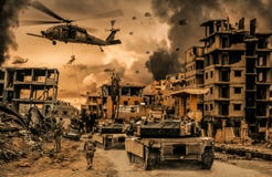 Helicópteros y fuerzas y los tanques militares en ciudad destruida imagen de archivo Helicópteros y fuerzas y los tanques militares en ciudad destruida imagen de archivo