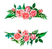 Helle Aquarellzusammensetzung des Rosas, der korallenroten Rosen und der Blätter Schablone für die Heiratseinladungen von Hand lizenzfreie abbildung Helle Aquarellzusammensetzung des Rosas, der korallenroten Rosen und der Blätter Schablone für die Heiratseinladungen von Hand lizenzfreie abbildung