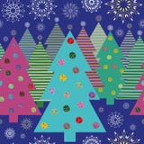 Helle Weihnachtsbäume und Schneeflocken nachts vektor abbildung Helle Weihnachtsbäume und Schneeflocken nachts vektor abbildung