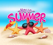 Hello-de Zomer in Strandkust met Realistische Voorwerpen stock illustratie Hello-de Zomer in Strandkust met Realistische Voorwerpen stock illustratie