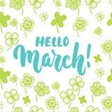 Hello,March - hand drawn lettering phrase for first month of spring isolated on the white background with clover leaf. Fun brush i Royalty Free Stock Photos Hello,March - hand drawn lettering phrase for first month of spring isolated on the white background with clover leaf. Fun brush i Royalty Free Stock Photos