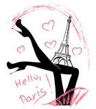 Hello Paris Modeflicka nära Eiffeltorn vektor illustrationer Hello Paris Modeflicka nära Eiffeltorn vektor illustrationer