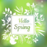 Hello Spring green card design with a textured abstract background and text in square floral frame Stock Photo Hello Spring green card design with a textured abstract background and text in square floral frame Stock Photo