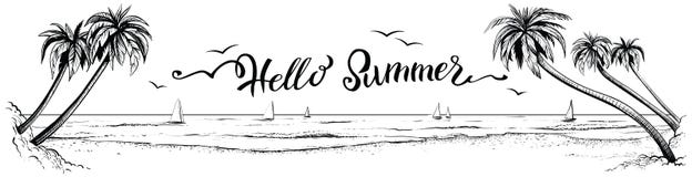 Hello summer, lettering with panoramic beach view. Vector illustration. royalty free illustration Hello summer, lettering with panoramic beach view. Vector illustration. royalty free illustration
