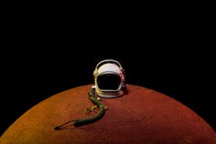 helmet from spacesuit lying on mars planet