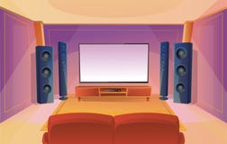 Hem- teater i tecknad filmstil med stor TV Rum med den r?da soffan inre modernt Akustiskt stereo- ljud stock illustrationer Hem- teater i tecknad filmstil med stor TV Rum med den r?da soffan inre modernt Akustiskt stereo- ljud stock illustrationer