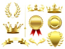 Heraldic элементы 3D Королевские кроны и экраны Золотая медаль победителя возможности спорта Лавровый венок и золотая крона иллюстрация вектора Heraldic элементы 3D Королевские кроны и экраны Золотая медаль победителя возможности спорта Лавровый венок и золотая крона иллюстрация вектора